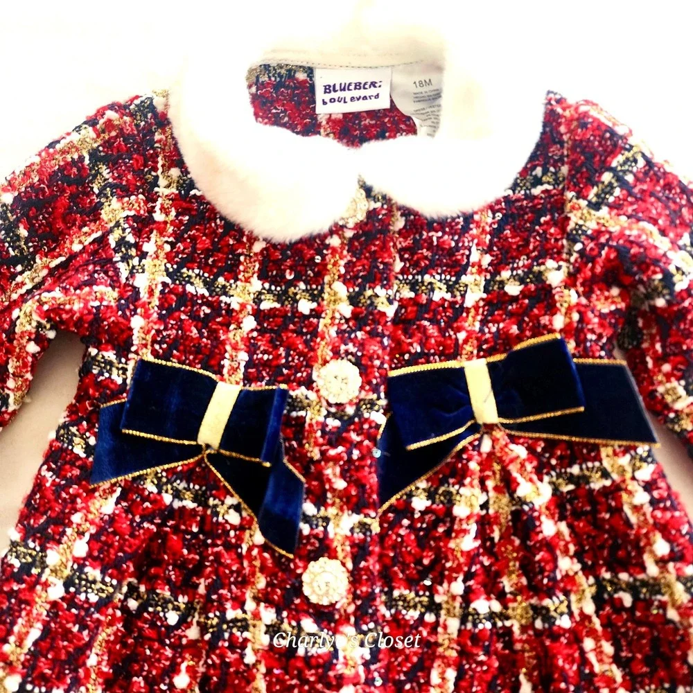Blueberry Boulevard Baby Girls 18M Red Holiday Plaid Tweed Faux Fur Trimmed Coat